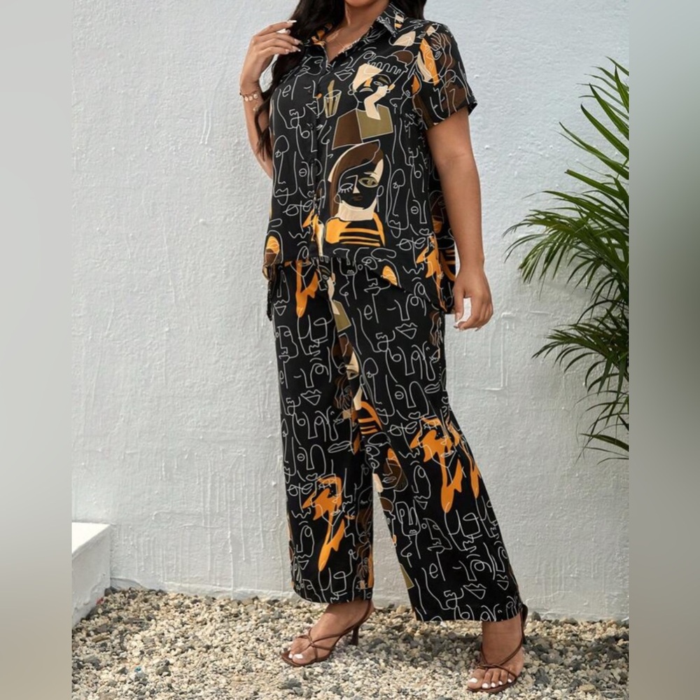 SHEIN Abstract Face Print Blouse and Pant Set - Black, Orange, Cream